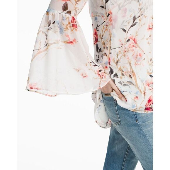 White House Black Market White & Pink Floral Print Mimosa Flutter Sleeve Chiffon - Picture 4 of 16